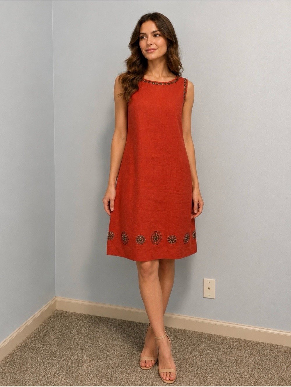 Anne Klein 100% Linen Sleeveless‎ Embellished Red Lined Dress Size 12